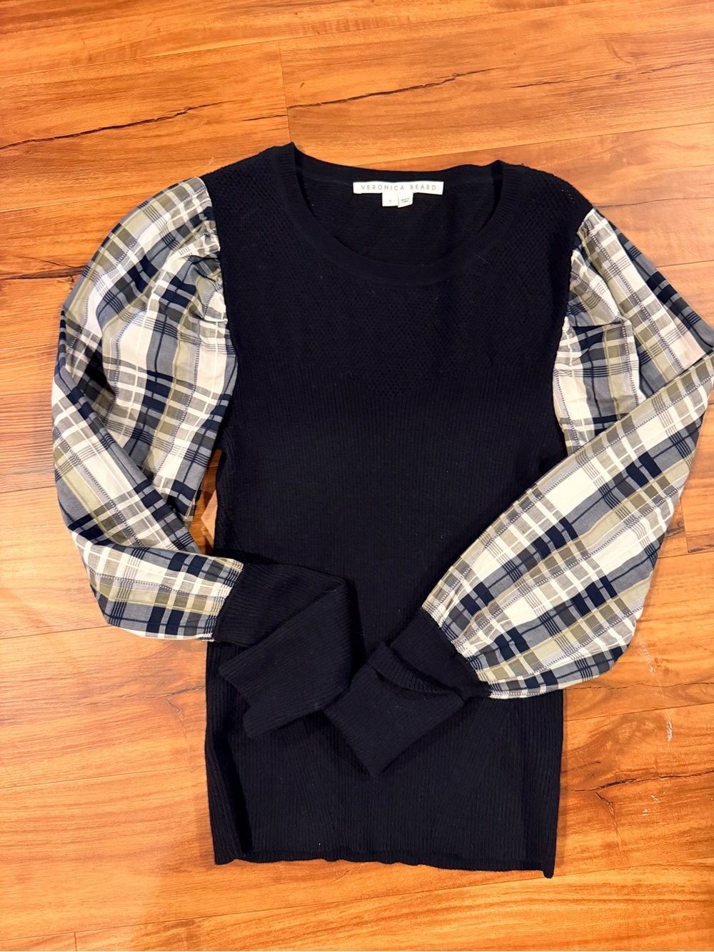 Veronica Beard Leila Navy Sweater with Plaid Puff Sleeves S